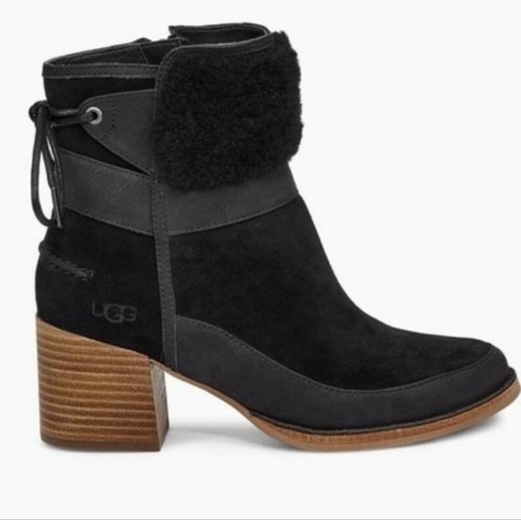 Ugg Kirke Suede Brushed Leather Shearling Stacked Heel Bootie Black Size 9 #458 - Picture 6 of 14